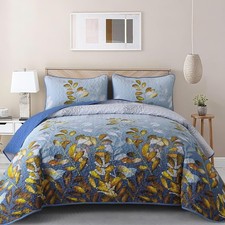 3 Pieces Quilt Set Queen Size Blue-Gold Floral Bedspread Coverlet Set Soft