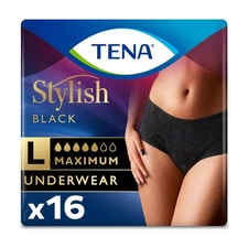 Tena Stylish Black Underwear for Women, Maximum, Large, 16 Count - FAST SHIPPING