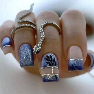24 Pcs Leaves False Nail Medium Square Press On Nail Glittering on Nail