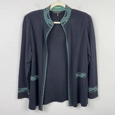Ming Wang Jacket Womens M Black Teal Abstract Knit Embellished Career Quiet Luxe