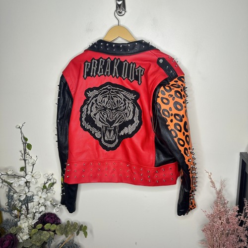 AZALEA WANG Freak Out Vegan Studded Moto Jacket Grafitti Patches Sz 3X  - Picture 6 of 8