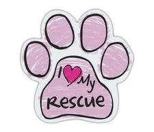 Pink Scribble Paws: I LOVE MY RESCUE | Dog Paw Shaped Car Magnets