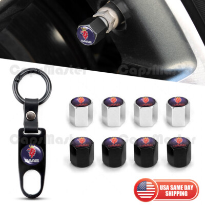 Car Wheels Tire Valve Dust Stem Air Cap Cover + Keychain Ring With Saab Logo