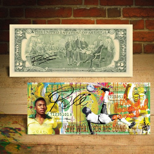 PELE Soccer The King The Beautiful Game 2 $ US-Schein SIGNIERT vom Künstler RENCY - Bild 3 von 3