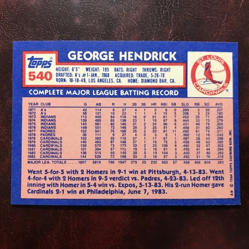1984 Topps TIFFANY Set GEORGE HENDRICK #540 CARDINALS ** MINT ** HIGH GRADE ** - Picture 2 of 2