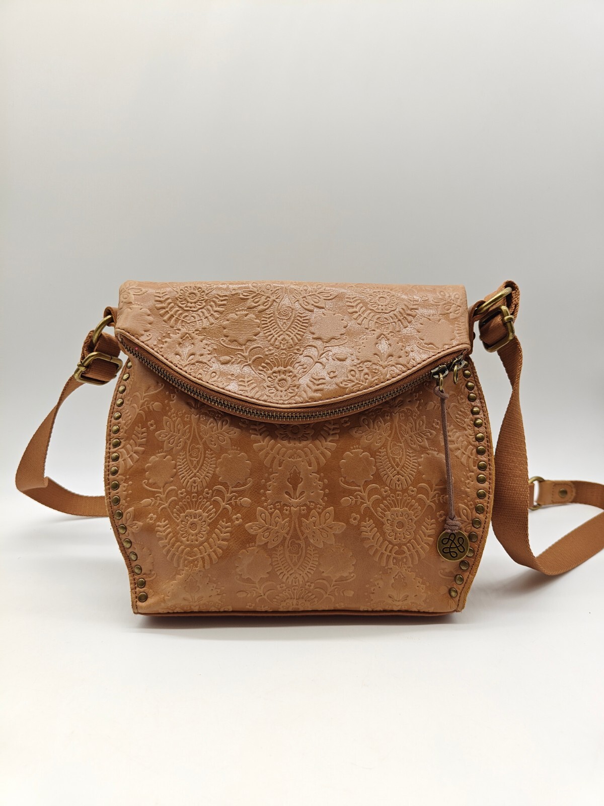 Used SAK Silverlake Leather Crossbody Bag in Tobacco Floral Embossed