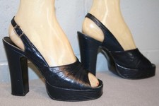 7 N Vtg 70s BLUE Shoes Platform PEEP TOE DISCO Latinas SlingBack HIGH 4 3/4 Heel