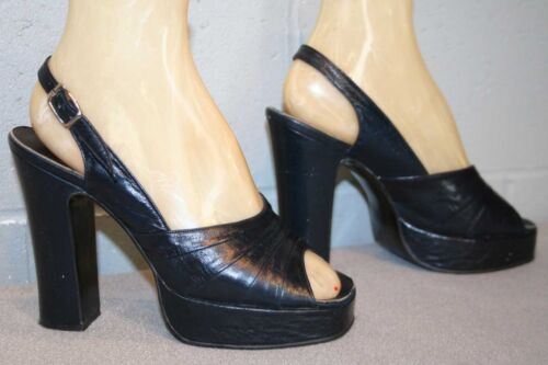 7 N Vtg 70s BLUE Shoe Platform PEEP TOE DISCO Latinas SlingBack HIGH 4 3/4 Heel - Picture 1 of 5