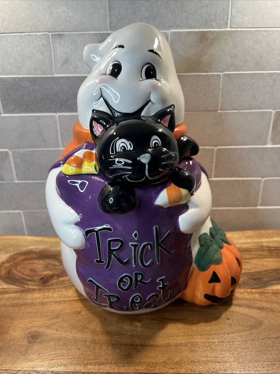 Davids Cookies Trick or Treat Ghost with Cat & Pumpkin Cookie Jar