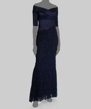 $1095 Rickie Freeman for Teri Jon Women Blue Off The Shoulder Gown Dress Size 2