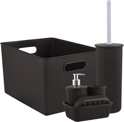 Superio Ribbed Collection - Plastic Bathroom Accessories Set, Brown (Set of 6)