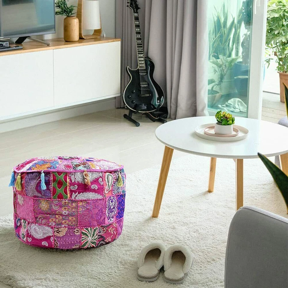 Footrest Pouffe Handmade Moroccan Pouf Leather Ottoman Poufe Patch Work Handmade - Image 4 of 4