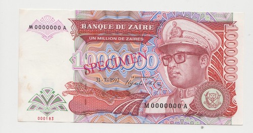 SPECIMEN: Zaire 1,000,000 Zaires, 1992, p-44, UNC, Banknote Paper