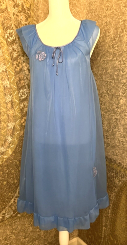 Vintage Gossard Artemis 60s Sheer Blue Cap Sleeve Nylon Babydoll Nightgown Gr. P