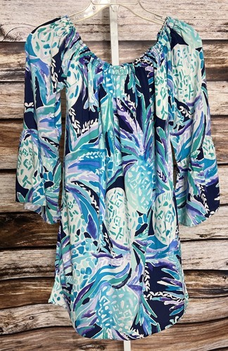 Lilly Pulitzer Size XS Blue 3/4 Sleeve Dress Shift Smocked Short - Picture 6 of 8