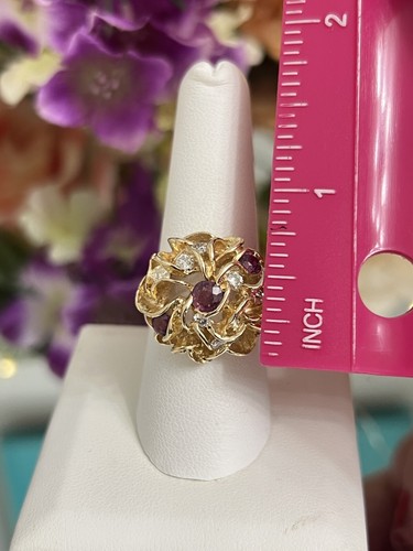 14k Yellow Gold Vintage Ladies Natural Ruby Diamond Cluster Cocktail Ring 7.75 - Picture 5 of 11