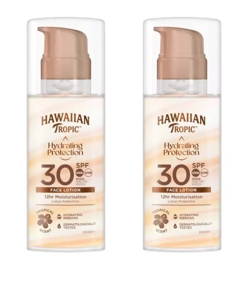 2 lociones faciales Hawaiian Tropic con protección hidratante. FPS 30. Tamaño 50 ml.