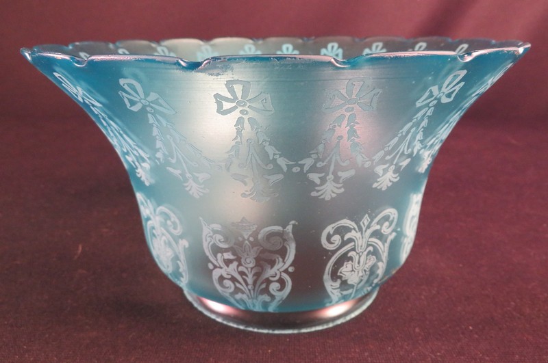 1880's Blue Deep Acid Cut Back Medallion Decorated Kerosene Oil Gas 4" Lip Shade