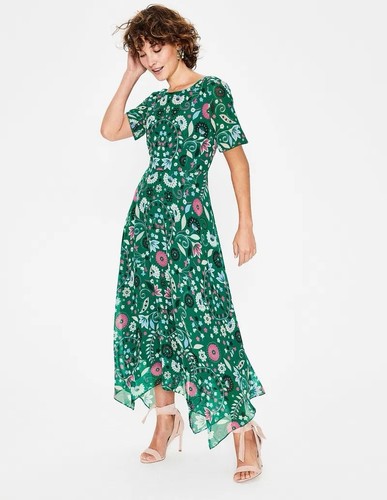 Boden Dress Size 10P Katherine Midi Green Handkerchief Hem Forest Meadow