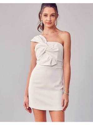 DO+BE White One Shoulder Twist/Bow Mini Dress Zip Size M NWT 