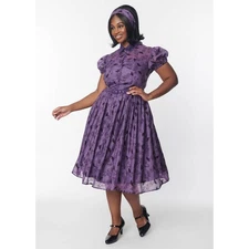 Unique Vintage Corpse Bride Short Sleeve Collared Purple Midi Dress Size Large 