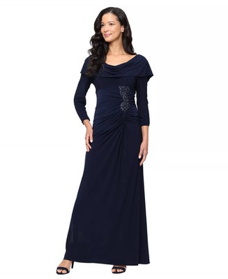 Alex Evenings Formal Gown Ruched Beaded Cowl Neck Long Sleeve Size 18 Navy