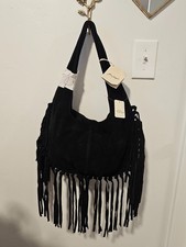 NWT Free People Riley Fringe Bag in black suede