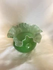 Fenton Ivy Green Overlay /cased Glass Double Crimped/ruffled Vase/Rose Bowl