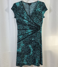 Connected Womens Apparel Sage Green Black Damask Faux Wrap Dress SL 12 NWOT