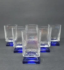 Set Of 6 Vintage Square On The Rocks Whiskey Liquor Glasses W/ Square Blue Base