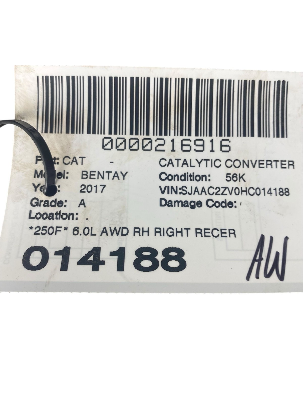 2015-2020 BENTLEY BENTAYGA 6.0L AWD RH RECERTIFIED CAT CONVERTER U/VWX/36A/2017