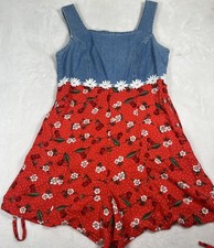 True Blue Romper Womens 7/8 Blue Red Denim Top Cherry Floral Summer Casual