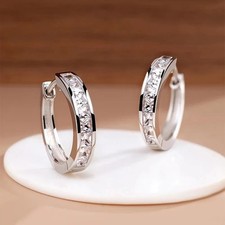 925 Sterling Silver Plated Square Cz Huggie Hoop Earrings 16mm Women Men PE28