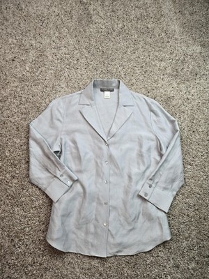 Sigrid Olsen Blouse Womens Medium Gray Silk Linen Button Up Half Sleeve Collared