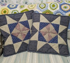 Pair Of Vintage Handmade Pink Blue Patchwork Quilt Cushions Pillows