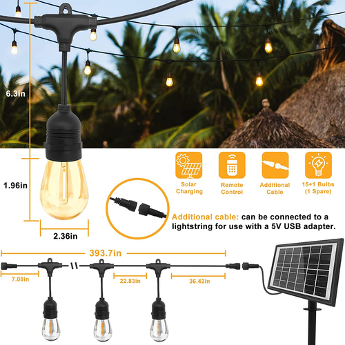 Solar String Lights Outdoor 33FT, CTDZLED 15+1 S14 Edison Bulbs Waterproof an... - Picture 2 of 7