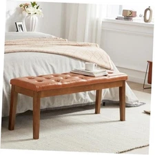 Ottoman Bench Upholstered Padded Seat with Solid Wood Cognac Brown bed bench