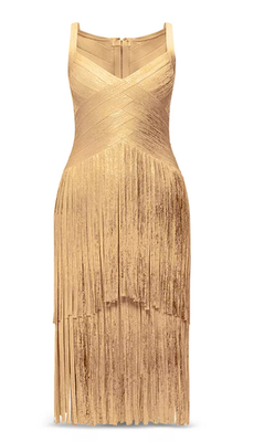 green emerald velvet dress 1960s Gilded Gold Fringe Dress, Sz. M