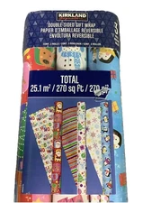 KIRKLAND SIGNATURE DOUBLE SIDED GIFT WRAP 3 ROLLS 1487739, BLUE/WHITE/RED M62C