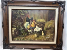 VTG Original Rooster Hens Barnyard Scene Oil Painting Signed Castle Ornate Frame