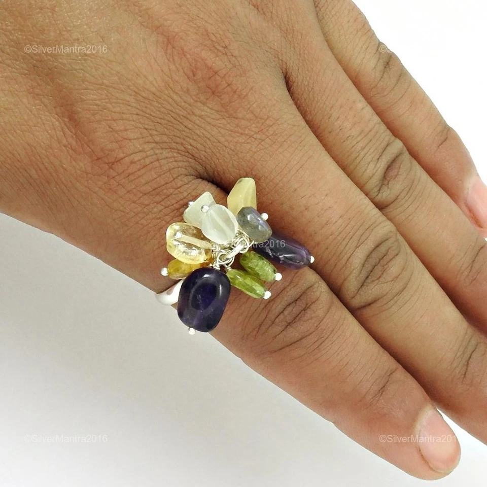 Weihnachtsgeschenk Echt Sterlingsilber Citrin Aquamarin Perlen Ring Schmuck US - Bild 4 von 4