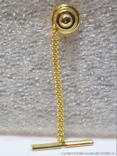 Tachuela cuadrada círculo negro vintage MCM solapa pin tono dorado cadena modernista - Imagen 5 de 5