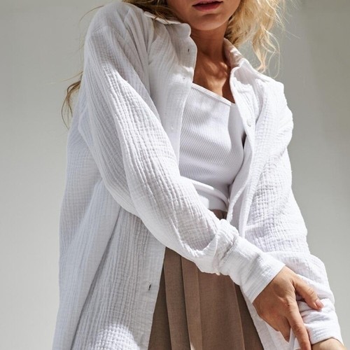 Damen Langarm Baumwolle Krepp Shirts lässig locker solide Knopf Bluse Tops - Bild 6 von 32