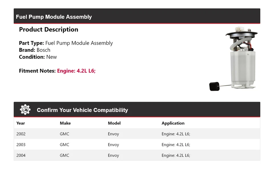For 2002-2004 GMC Envoy 4.2L L6 Bosch Fuel Pump Module Assembly 2003 - Изображение 2 из 4