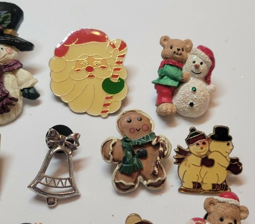 Vintage Christmas Lapel Pin Lot of 15 Santa Snowman Poinsettia Teddy Bear P71 - Picture 3 of 6