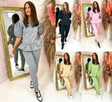 Ladies Women's Short Sleeve Fleeced Frill Loungewear Tracksuit Set UK (8-14)