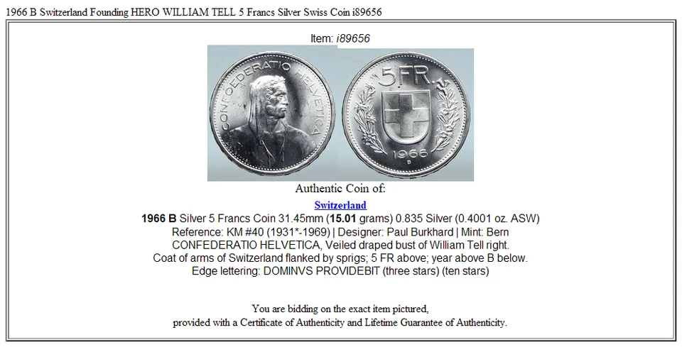 1966 B Switzerland Founding HERO WILLIAM TELL 5 Francs Silver Swiss Coin i89656 - Image 3 of 3