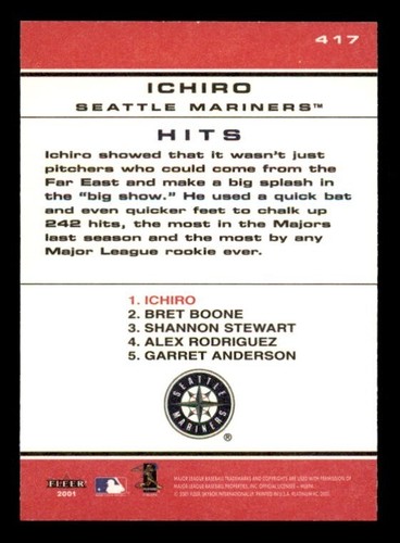 2001 Fleer Platinum #417 Ichiro Suzuki CT Mariners Rookie - Picture 2 of 2