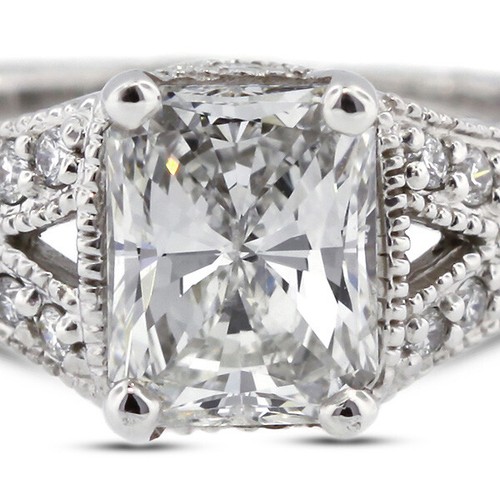 2.07ct G VS2 Cushion Natural Diamonds 18k White Gold Vintage Side-Stone Ring - Picture 2 of 13