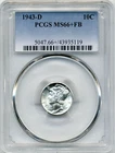 1943D US Mercury Dime - Superb GEM Uncirculated,  PCGS MS66+ FB
